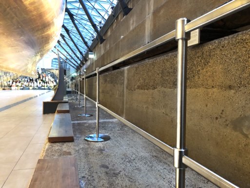 Close-up, showing the Absolute Q Freestanding Barriers protecting the Cutty Sark’s Rock Elm Plank, Royal Museums Greenwich, London, UK.